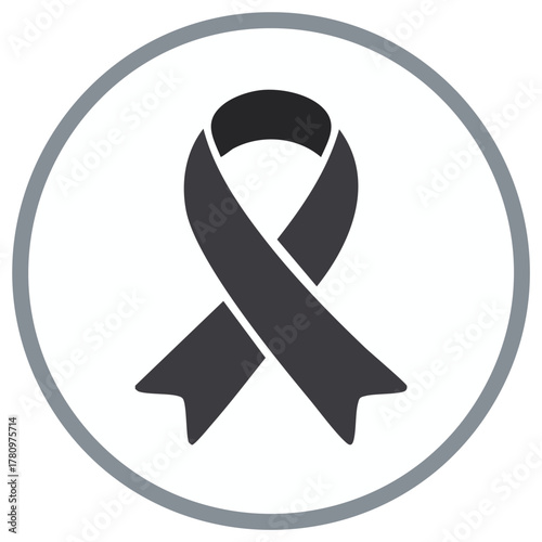 Black awareness ribbon icon for mourning and remembrance. Simple vector symbol for grief and support.