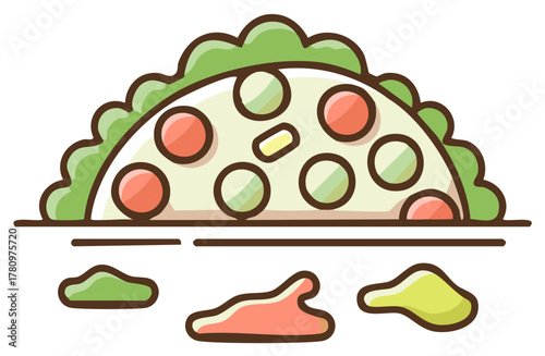 Cartoon illustration of a taco with vegetables and various sauces, colorful food design