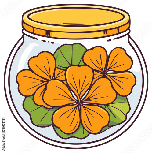 Orange nasturtium flowers and green leaves in a glass jar with a yellow lid