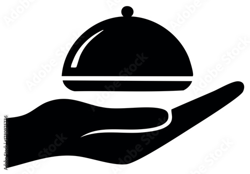 Hand holding cloche serving dish icon. Restaurant food service vector symbol.