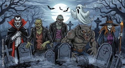 Spooky Halloween night with vampire, zombies, werewolf, witch, and ghost in graveyard