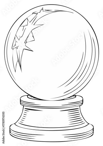 Stylized line drawing of a crystal ball with a star pattern inside on a pedestal