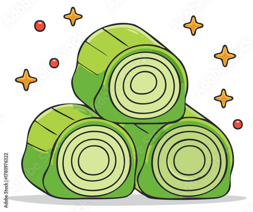 Vector illustration of stacked, chopped leeks with shiny sparkles