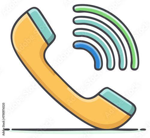 Cartoon handset icon with incoming call signal isolated