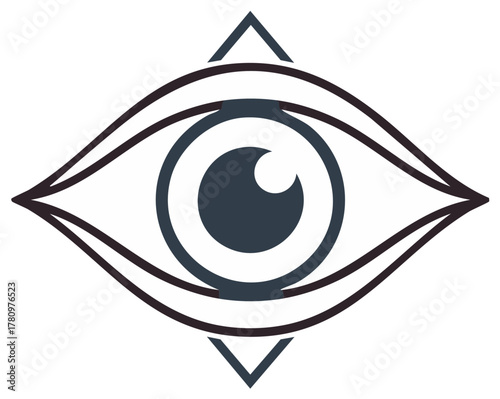 Mystic Eye Illustration in Dark Blue and White with Geometric Flair Representing Vision Perception and Occult Belief