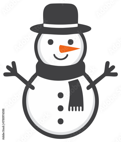 Smiling Snowman Wearing Scarf and Hat with Carrot Nose and Button Details