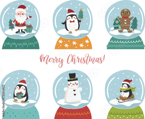Christmas vector snow globe set. Crystal snow globe with Santa Claus, a snowman, penguins, and a gingerbread man. Perfect for greeting cards, clip art, children's stickers, nursery prints, DIY project