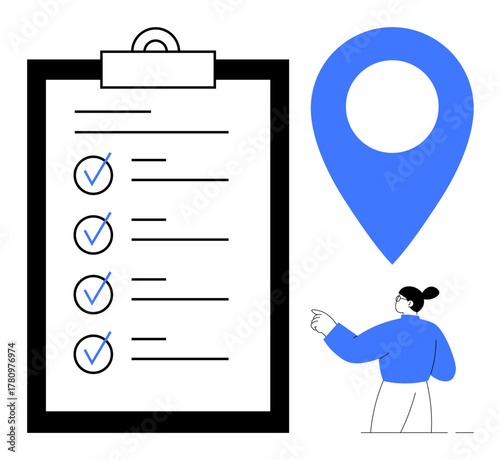 Large clipboard with checked tasks, blue location marker, person pointing. Ideal for productivity, goals, organization, task management, planning, project tracking success agenda simple flat