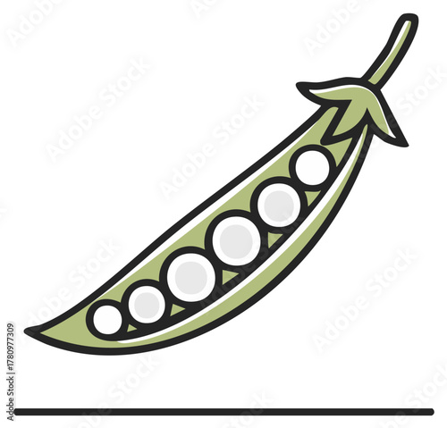Illustration of a partially opened pea pod with visible peas, isolated on white.