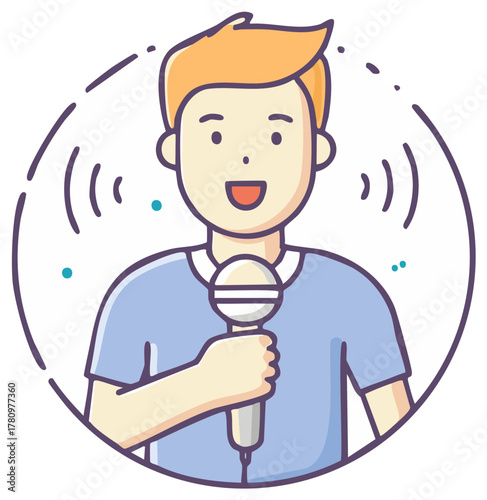 Cartoon man speaking into microphone, illustration for podcasting or presentation