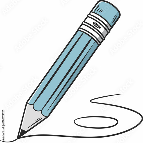 Blue pencil drawing a curved line with shading and highlights writing sketching