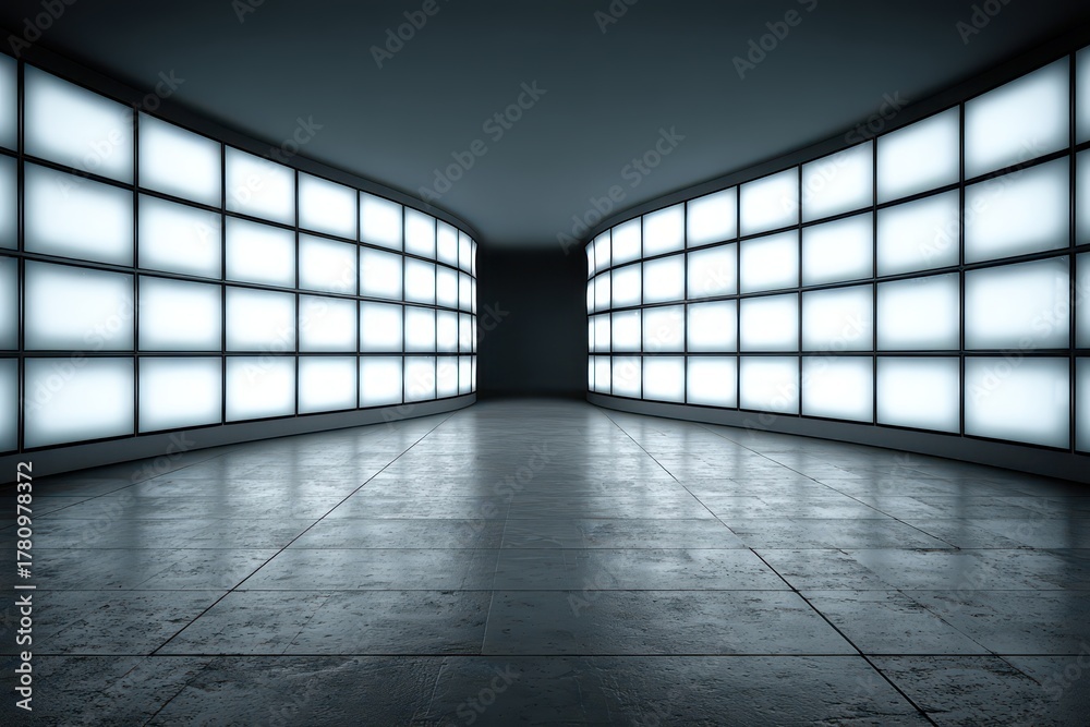 Fototapeta premium A futuristic, modern corridor with glowing white panels on curved walls, reflecting on polished tile flooring, creating a clean, minimalist architectural concept.