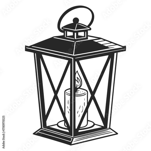Black and White Illustration of a Vintage Lantern with Lit Candle light flame