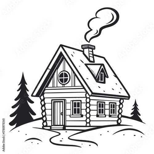Cozy log cabin with smoking chimney in a winter landscape on a white background house