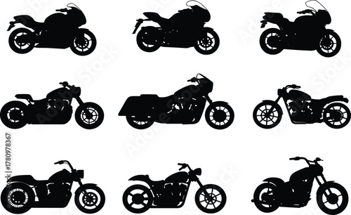 Motorcycle silhouette, bike icon, black graphic, vector illustration, cruiser style, sport model, chopper design, wheel detail, handlebar, motionMotorcycle silhouette, bike icon, black graphic