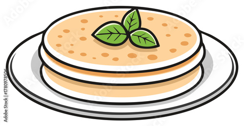 Stack of delicious sweet pancakes with fresh basil leaves on a white plate