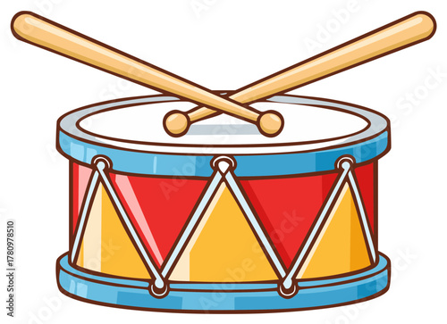Colorful toy drum with wooden drumsticks ready to play music