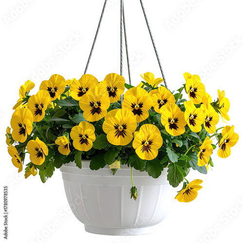 A hanging basket overflowing with vibrant yellow pansies against a black background