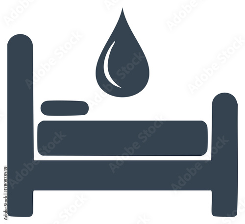 Bedwetting vector icon with bed and liquid drop symbolizing enuresis and incontinence