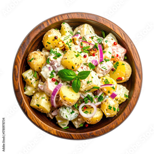 Vibrant potato salad in a wooden bowl with herbs and onions