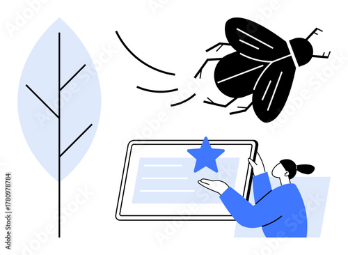Person points at content on digital screen with a star, joined by a bold black fly and a minimal tree leaf. Ideal for nature, technology, focus, balance, innovation, engagement, simple flat metaphor