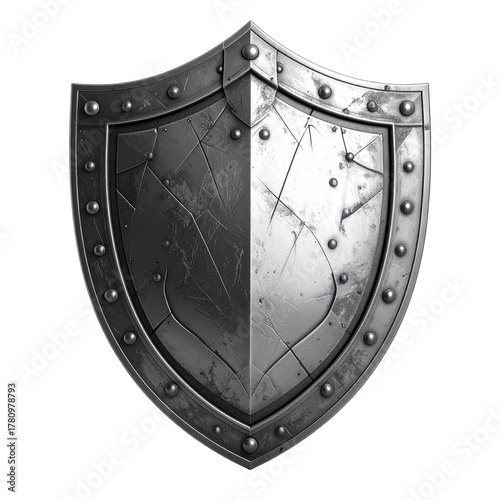 Two-tone medieval shield with battle damage and rivets on a black background