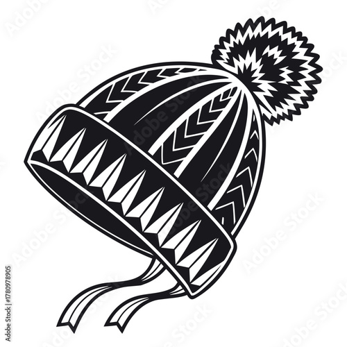 Black and White Illustration of a Winter Hat with Tassels beanie bobble hat