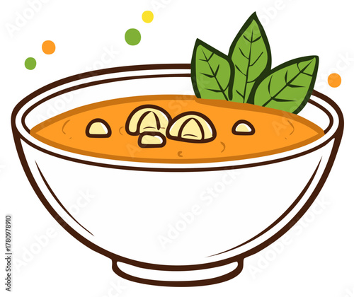 Flavorful bowl of orange soup garnished with mushrooms and fresh green leaves