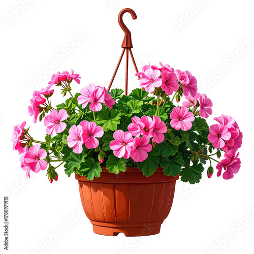 Hanging basket of vibrant pink geraniums, lush greenery, and a brown pot