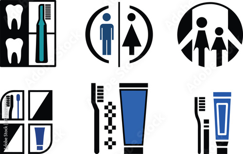 Dental hygiene icons with toothbrush, toothpaste, and family