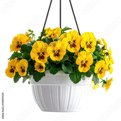 A vibrant hanging pot overflowing with cheerful yellow and brown pansies against black