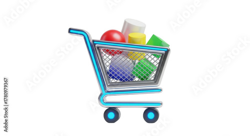 Futuristic shopping cart filled with colorful geometric objects on a transparent background trolley isolated on a transparent background