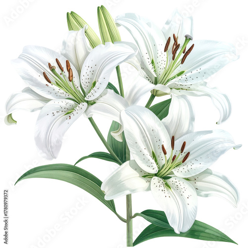 Close-up of elegant white lilies with green leaves on a dark background