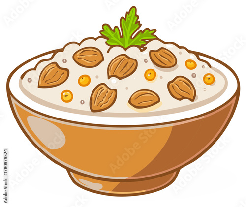 Cartoon illustration of a bowl of creamy rice porridge with almonds and garnish.