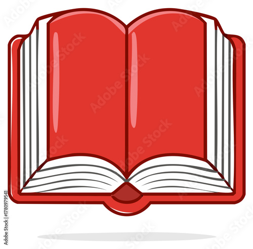 Vibrant red open book illustration with blank pages, symbolizing knowledge, education, and storytelling