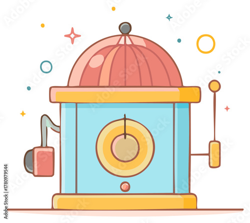 Whimsical pastel colored cartoon machine with dial lever and dome top in flat illustration style