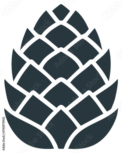 Stylized dark blue hop cone with a geometric pattern and white outlines