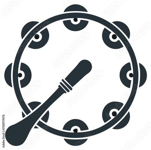 Minimalist depiction of a Handheld Tambourine with Jingle Discs and Handle for Percussion Rhythm