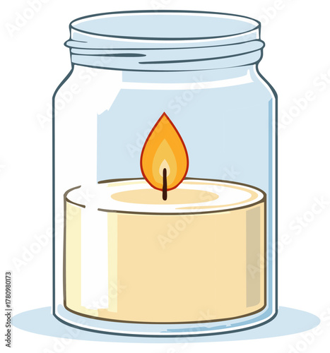 Glowing candle in a glass jar, illustration of the burning flame and wax