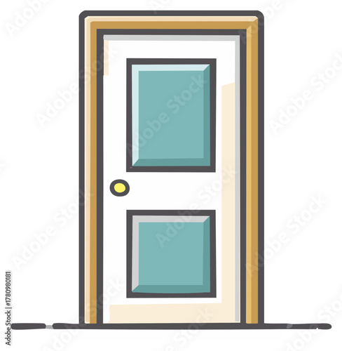 Simple line art drawing of a closed white door with blue square panels and a doorknob