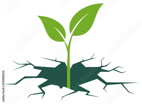 Green sprout emerging from cracked earth, symbolizing resilience and growth