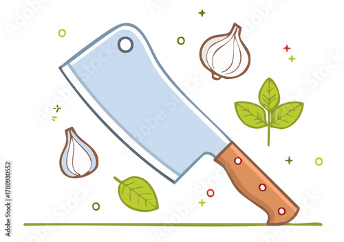 Cleaver knife with garlic and fresh basil leaves for cooking and food preparation
