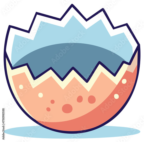 Cracked open eggshell cartoon icon with pastel colors and spots