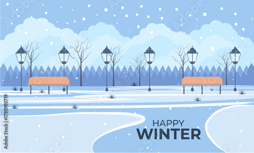 Snowy winter landscape background design. Trees, pine, sun loungers and falling snow vector illustration. Christmas background.