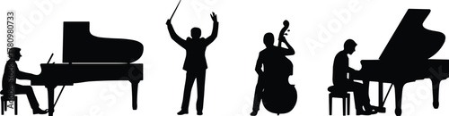 Musical ensemble silhouette, pianist figure, conductor pose, bassist stance, black graphic, vector illustration, classical performance, orchestra icon, harmony, soundMusical ensemble silhouette