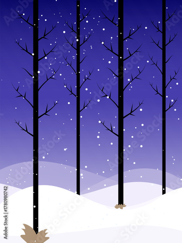 Snowy winter landscape background design. Snow in the forest winter season. Trees, pine, rain deer, sun loungers and falling snow vector illustration. Christmas background.