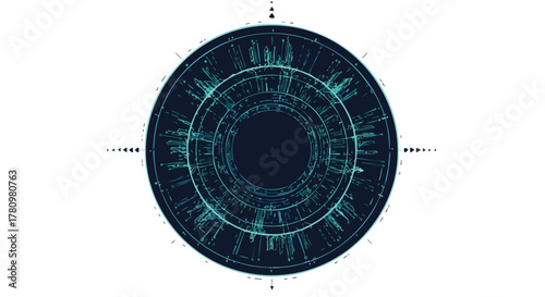 An intricate circular digital interface with glowing blue lines against a pristine white background, symbolizing advanced technology and complex data visualization.