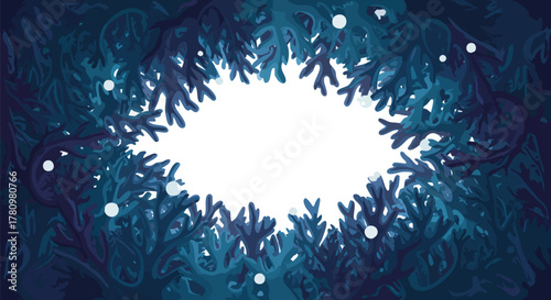 An abstract illustration of deep blue underwater coral forming a vibrant frame around a bright white copy space, perfect for aquatic-themed designs.