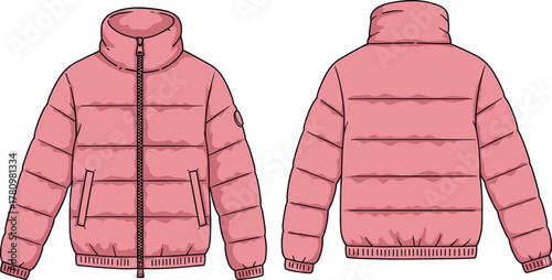 Pink puffer jacket illustration, front and back view, quilted winter coat, fashion sketch, technical garment drawing, outerwear design, zipper detail