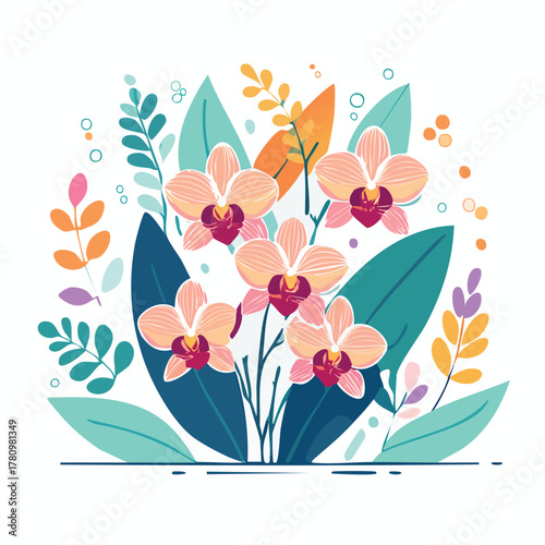 Vibrant Floral Bouquet With Pink Petals Teal Leaves And Coral Accents Abstract Garden Arrangement